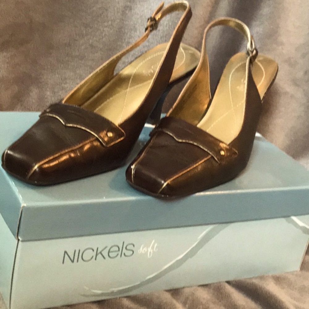 Nickels leather square toe sling back pumps